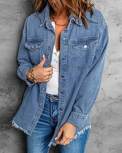 Vetinee Women’s Ball Women’s Front-Button Frayed Hem Shacket Long Sleeve Flap Chest Pockets Denim Jean Jacket