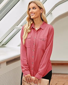 Vetinee Women's Lapel Button Down Collared Casual Long Sleeve Pocket Denim Shirt Tops