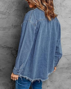 Vetinee Women’s Ball Women’s Front-Button Frayed Hem Shacket Long Sleeve Flap Chest Pockets Denim Jean Jacket