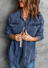 Vetinee Women’s Oversized Button Up Frayed Hem Shacket Long Sleeve Pockets Denim Jean Jacket