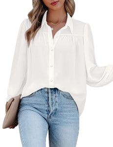 Vetinee Women's Collared V Neck Button Down Shirt Long Balloon Sleeve Dressy Tops Blouse