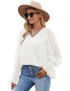 Vetinee Womens Long Sleeve Blouse Lace Shirt Chiffon Blouses Ruffle Sleeve Tops