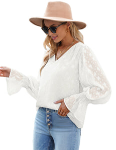 Vetinee Womens Long Sleeve Blouse Lace Shirt Chiffon Blouses Ruffle Sleeve Tops