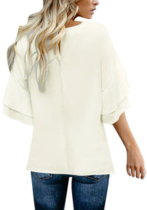 Vetinee Women's Tiered 3/4 Ruffled Bell Sleeve Tops Casual Crewneck Shirt Blouse