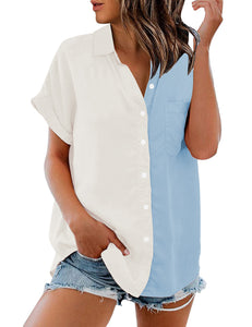 Vetinee Women's Casual Color Block Cotton Button Down Shirt Short Sleeves Collared Top