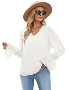 Vetinee Womens Long Sleeve Blouse Lace Shirt Chiffon Blouses Ruffle Sleeve Tops