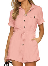 Vetinee Womens Summer Pockets Belted Romper Button Short Sleeve Jumpsuit Playsuit