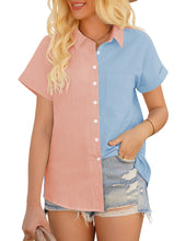 Vetinee Women's Casual Color Block Cotton Button Down Shirt Short Sleeves Collared Top