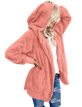 Vetinee Women Casual Fuzzy Fleece Hooded Cardigan Pocket Faux Fur Outerwear Coat