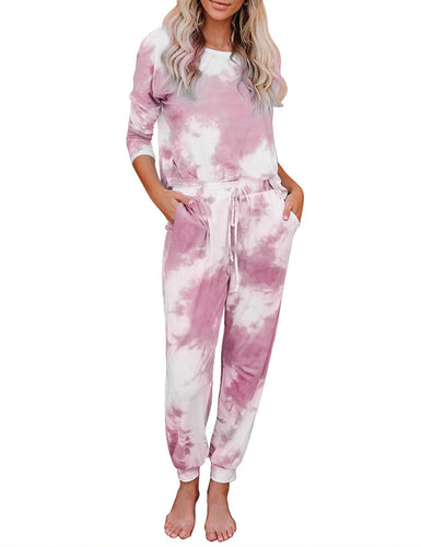 Vetinee Women's Tie Dye Loungewear Pajamas Sets Printed Pocket Long Tops and Pants Joggers Sleepwear