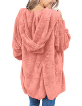 Vetinee Women Casual Fuzzy Fleece Hooded Cardigan Pocket Faux Fur Outerwear Coat