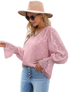 Vetinee Womens Long Sleeve Blouse Lace Shirt Chiffon Blouses Ruffle Sleeve Tops