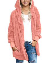 Vetinee Women Casual Fuzzy Fleece Hooded Cardigan Pocket Faux Fur Outerwear Coat