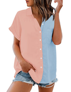 Vetinee Women's Casual Color Block Cotton Button Down Shirt Short Sleeves Collared Top