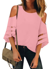 Vetinee Women's 3/4 Bell Sleeve Shirt Mesh Panel Blouse Cold Shoulder Crewneck Tops