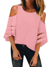 Vetinee Women's 3/4 Bell Sleeve Shirt Mesh Panel Blouse Cold Shoulder Crewneck Tops