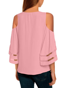 Vetinee Women's 3/4 Bell Sleeve Shirt Mesh Panel Blouse Cold Shoulder Crewneck Tops