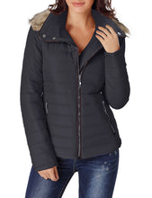 Vetinee Women Casual Faux Fur Lapel Zip Pockets Quilted Parka Jacket Puffer Coat
