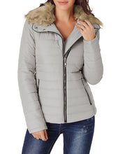 Vetinee Women Casual Faux Fur Lapel Zip Pockets Quilted Parka Jacket Puffer Coat