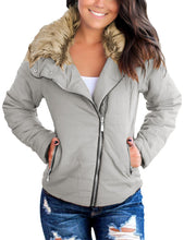 Vetinee Women Casual Faux Fur Lapel Zip Pockets Quilted Parka Jacket Puffer Coat