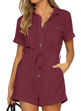 Vetinee Womens Summer Pockets Belted Romper Button Short Sleeve Jumpsuit Playsuit