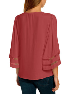 Vetinee Women's 3/4 Bell Sleeve Shirt Mesh Panel Blouse V Neck Casual Loose Tops