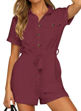 Vetinee Womens Summer Pockets Belted Romper Button Short Sleeve Jumpsuit Playsuit
