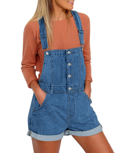 Vetinee Women's Classic Adjustable Straps Cuffed Hem Denim Bib Overalls Shorts