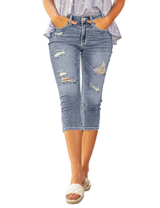 Vetinee Women's High Waisted Casual Ripped Skinny Slim Fit Stretch Denim Capri Jeans