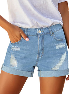 Vetinee Women's Mid Rise Frayed Raw Hem Ripped Destroyed Denim Shorts Jeans
