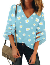 Vetinee Women's Floral Print 3/4 Bell Sleeve Shirt Mesh Panel Blouse V Neck Tops