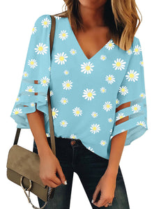 Vetinee Women's Floral Print 3/4 Bell Sleeve Shirt Mesh Panel Blouse V Neck Tops