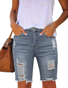 Vetinee Women's Ripped Frayed Hem Bermuda Jean Shorts High Rise Skinny Denim Shorts