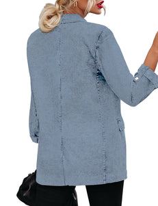 Vetinee Women's Open Front Denim Blazer Suit Lapel Washed Rolled Sleeve Jean Jacket Cardigan