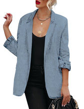 Vetinee Women's Open Front Denim Blazer Suit Lapel Washed Rolled Sleeve Jean Jacket Cardigan