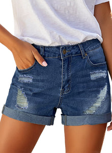 Vetinee Women's Mid Rise Frayed Raw Hem Ripped Destroyed Denim Shorts Jeans