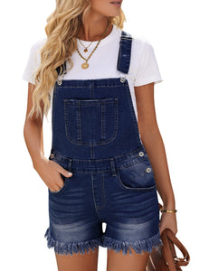 Vetinee Women's Classic Adjustable Straps Cuffed Hem Denim Bib Overalls Shorts