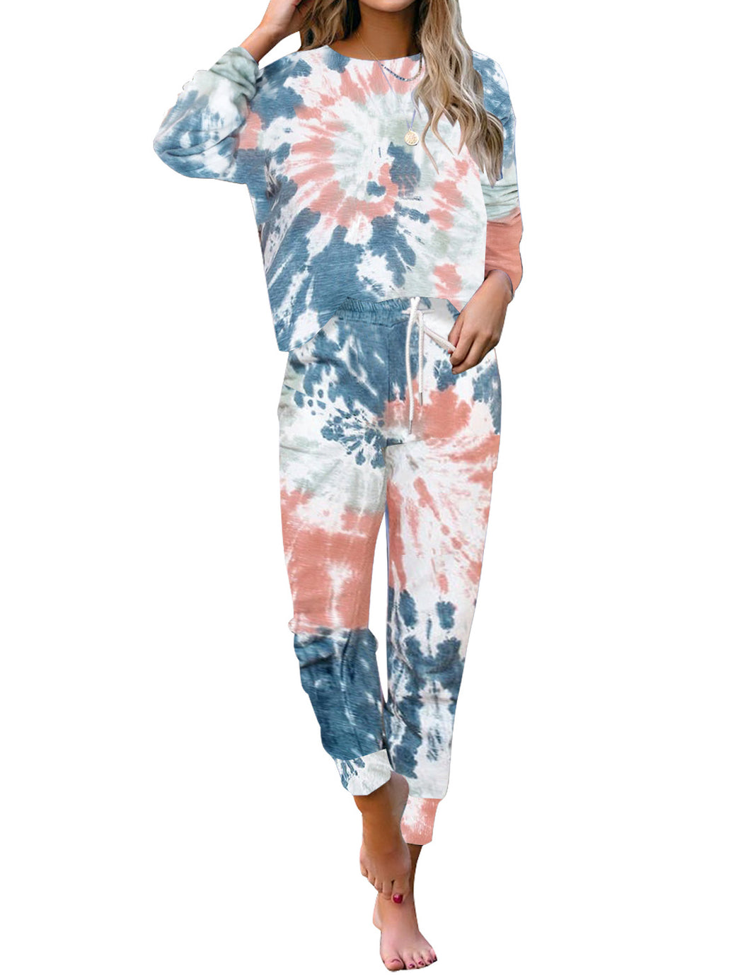 Dark Blue Long Sleeves Tie-Dye Drawstring Jogger Lounge Set