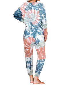 Dark Blue Long Sleeves Tie-Dye Drawstring Jogger Lounge Set