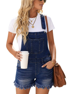 Vetinee Women's Classic Adjustable Straps Cuffed Hem Denim Bib Overalls Shorts