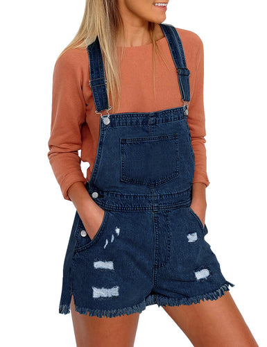 Vetinee Women's Classic Adjustable Straps Cuffed Hem Denim Bib Overalls Shorts