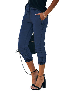 Vetinee Womens High Rise Jogger Denim Jeans Elastic Waist Drawstring Stretch Pants