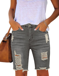 Vetinee Women's Ripped Frayed Hem Bermuda Jean Shorts High Rise Skinny Denim Shorts