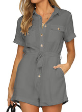 Vetinee Womens Summer Pockets Belted Romper Button Short Sleeve Jumpsuit Playsuit