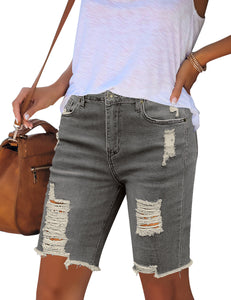 Vetinee Women's Ripped Frayed Hem Bermuda Jean Shorts High Rise Skinny Denim Shorts