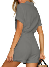 Vetinee Womens Summer Pockets Belted Romper Button Short Sleeve Jumpsuit Playsuit