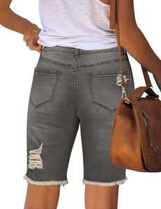Vetinee Women's Ripped Frayed Hem Bermuda Jean Shorts High Rise Skinny Denim Shorts