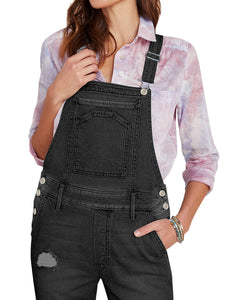 Vetinee Women's Frayed Hem Adjustable Straps Ripped Bib Denim Overalls Jeans Pants