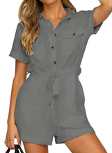 Vetinee Womens Summer Pockets Belted Romper Button Short Sleeve Jumpsuit Playsuit