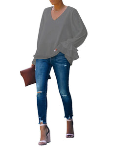 Vetinee Women's V Neck Ruffled Long Bell Sleeve Tops Casual Loose Shirt Blouse